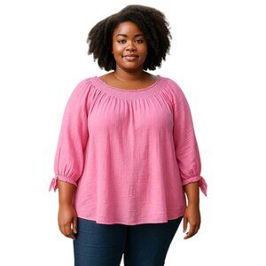 Cocomo Pink Gauzy Pullover Shirt-Size 2X-Round Elastic Neck-3/4 length sleeves